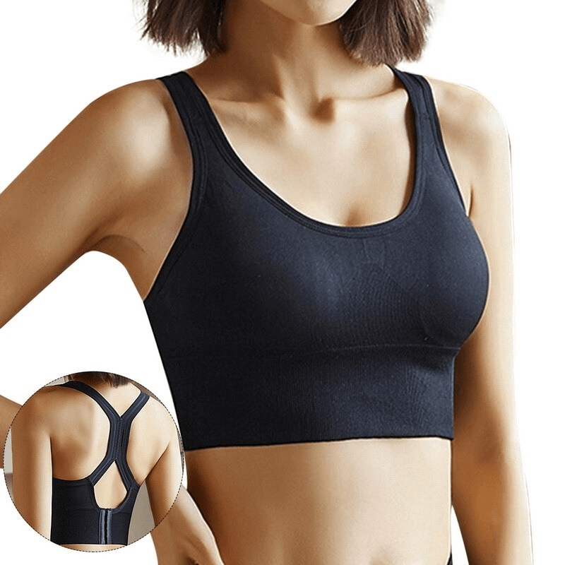 Women's sexy short push-up sports bra in black, featuring a back buckle closure, ideal for running and maximum support with Spandex and Lycra.